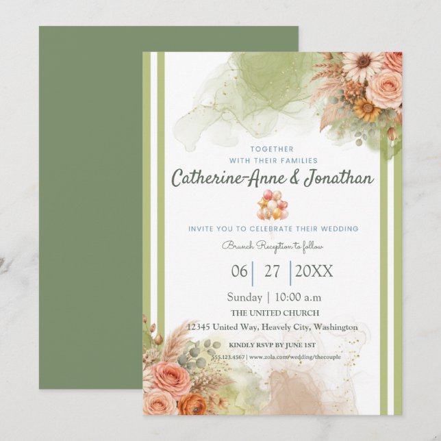 Sage Green Botanical Boho Wedding Inbjudningar (Fram/baksida)