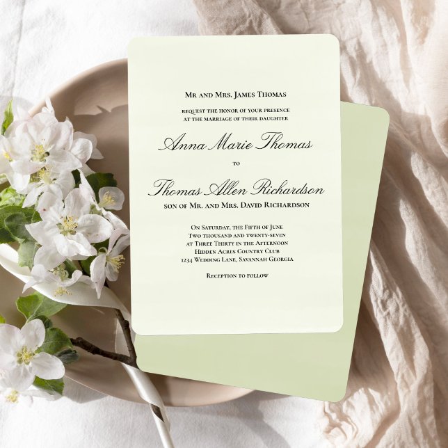 Sage Green Botanical Classic Formal Script Wedding Inbjudningar (Classic formal sage green invitation with elegant script and timeless layout.)