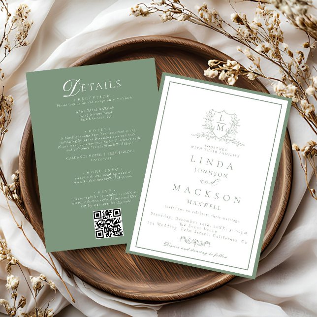 Sage Green botanical crest All in one wedding  Inbjudningar (Skapare uppladdad)