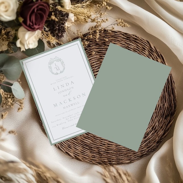 Sage Green botanical crest monogram wedding Inbjudningar (Skapare uppladdad)
