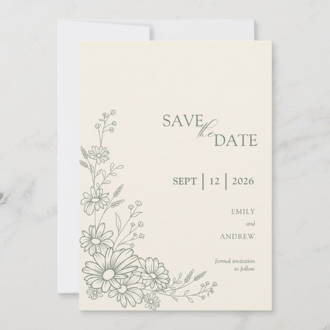 Sage Green Botanical Daisy Garden Wedding Spara Datumet (Framsida)