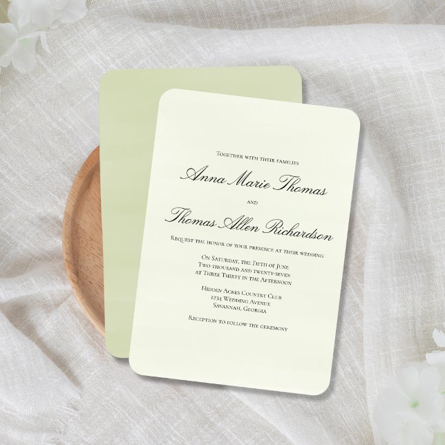 Sage Green Botanical Elegant Minimalist Wedding Inbjudningar (Sage green minimalist wedding invitation with elegant script and clean layout.)