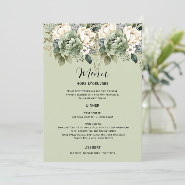 Sage Green Botanical Floral Wedding | Menu Inbjudningar (Stående Fram)