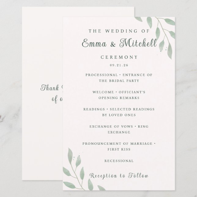 Sage Green Botanical Minimal Wedding Program Card (Fram/baksida)