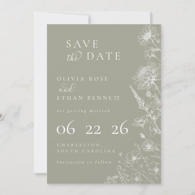 Sage Green Botanical Minimal Wedding Save the Date (Framsida)
