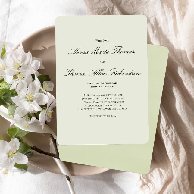 Sage Green Botanical Modern Script Wedding Inbjudningar (Elegant sage green script invitation with soft, romantic minimalist design.)