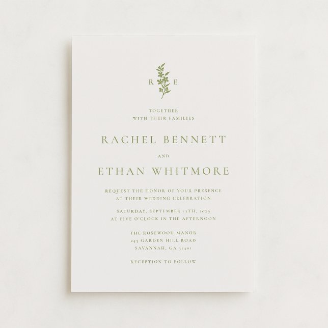 Sage Green Botanical Monogram Wedding Invitation Meddelande (Skapare uppladdad)