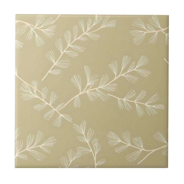 Sage Green Botanical Pattern Cream Hand Drawn Leaf Kakelplatta (Framsidan)