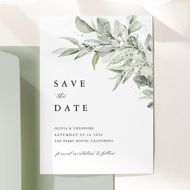 Sage Green Botanical Watercolor Elegant Wedding Spara Datumet (Sage green botanical wedding save the date card, watercolor leaves, minimalist elegant stationery)