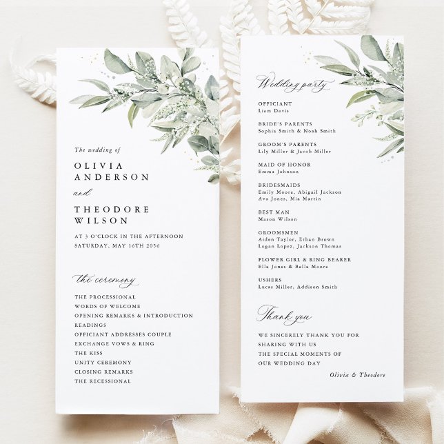 Sage Green Botanical Watercolor Wedding Ceremony Program (Sage green botanical watercolor wedding program ceremony card, modern classic greenery stationery)