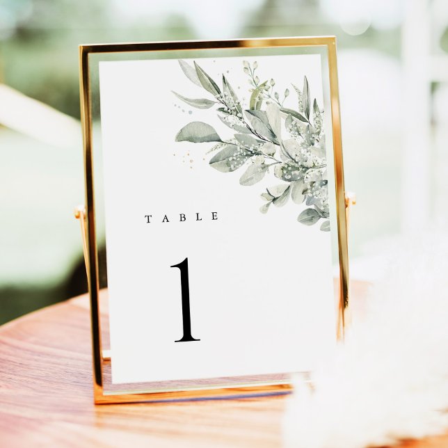 Sage Green Botanical Wedding Table Numbers Bordsnummer (Sage green botanical wedding table number card, eucalyptus greenery, gold frame table display)