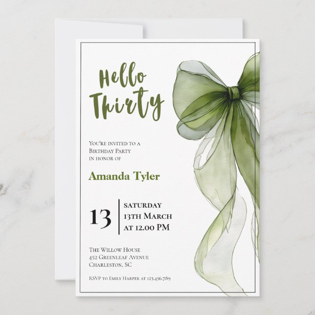 Sage Green Bow 30th Birthday Invitation Inbjudningar (Framsida)