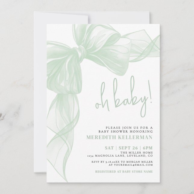 Sage Green Bow Baby Shower Inbjudningar (Framsida)