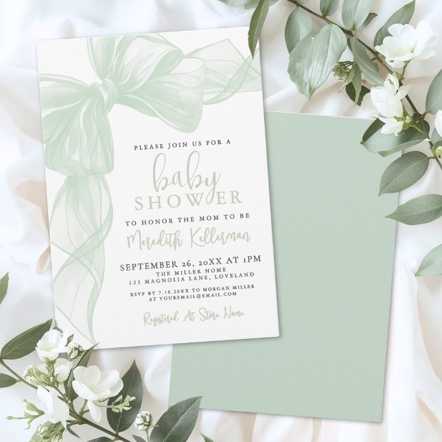 Sage Green Bow Baby Shower Inbjudningar (Sage Green Bow Baby Shower Invitation)