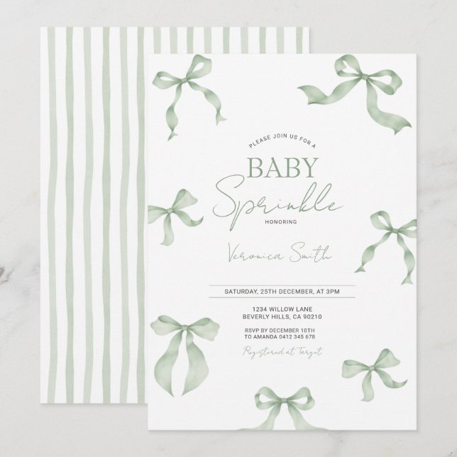 Sage Green Bow Baby Sprinkle Invitation Inbjudningar (Fram/baksida)