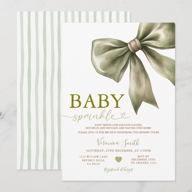 Sage Green Bow Baby Sprinkle Invitation Inbjudningar (Fram/baksida)