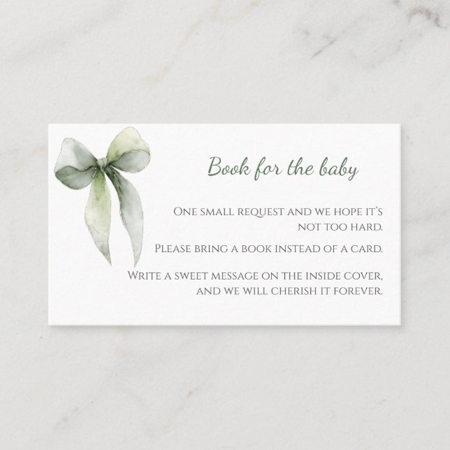 Sage Green Bow Books for Baby Card Visitkort (Framsida)