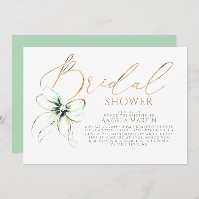 Sage Green Bow Elegant Romantic Bridal Shower Inbjudningar (Fram/baksida)