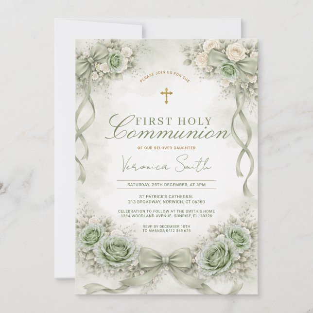 Sage Green Bow Floral First Holy Communion Inbjudningar (Framsida)