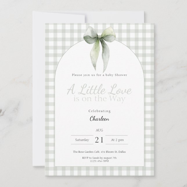 Sage Green Bow Gingham Baby Shower Inbjudningar (Framsida)