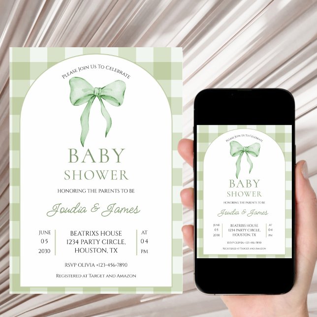 sage green Bow Gingham Baby Shower Invitation Inbjudningar (Skapare uppladdad)