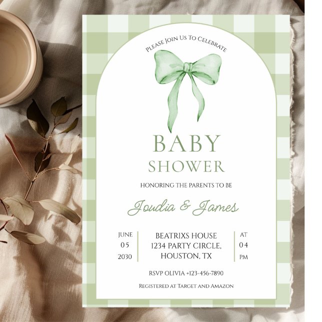 sage green Bow Gingham Baby Shower Invitation Inbjudningar (Skapare uppladdad)