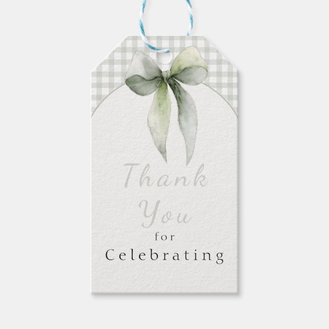 Sage Green Bow Gingham Baby Shower Presentetikett (Framsidan)
