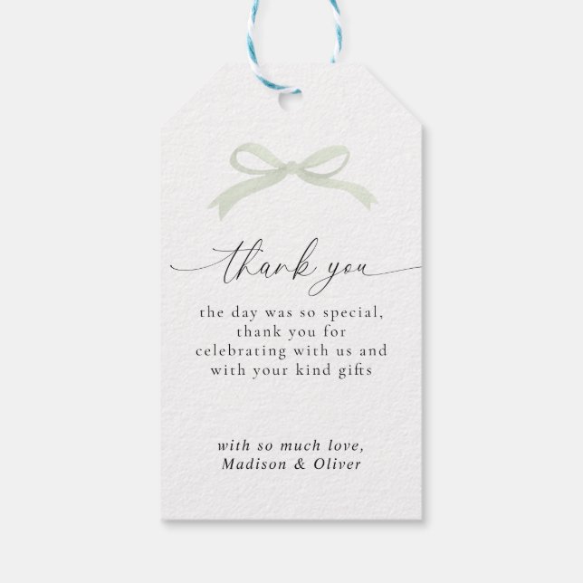 Sage Green Bow Monogram Thank You Message Wedding Presentetikett (Baksidan)