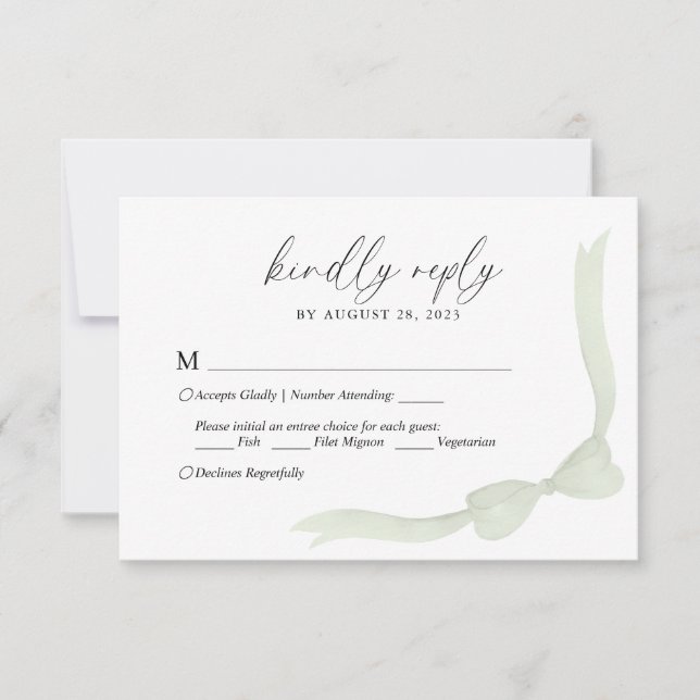 Sage Green Bow Ribbon Menu Choice Wedding RSVP OSA Kort (Framsida)