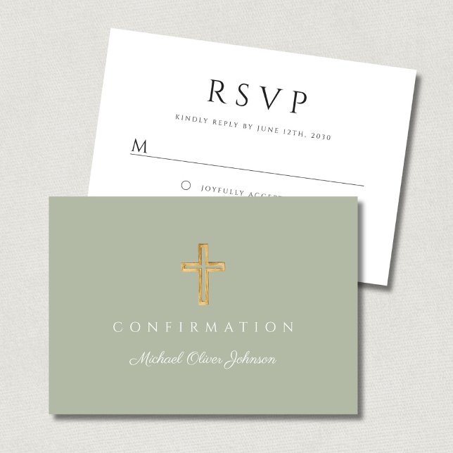 Sage Green Boy Religious Cross Confirmation OSA Kort (Sage Green Boy Religious Cross Confirmation RSVP Card)