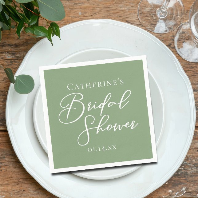 Sage Green Bridal Shower Personalized White Script Pappersservett (Skapare uppladdad)