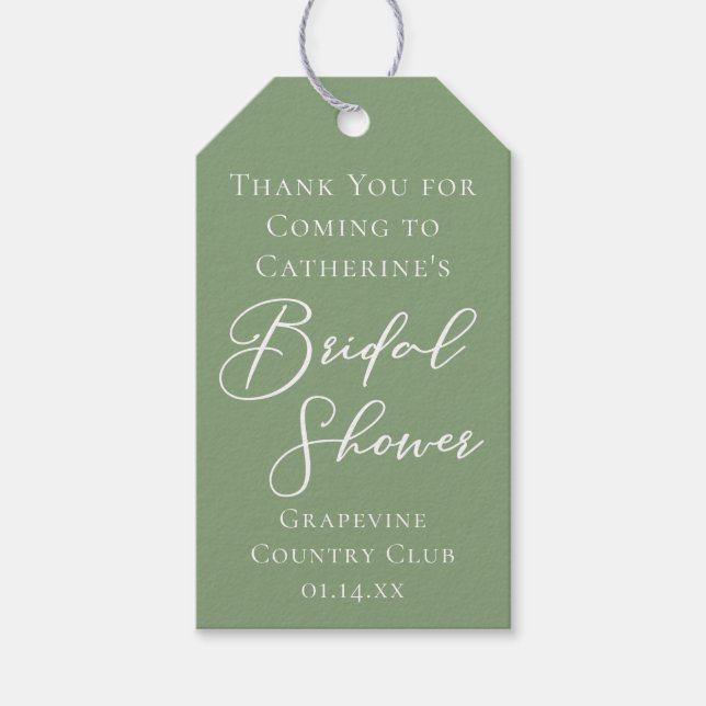 Sage Green Bridal Shower Personalized White Script Presentetikett (Framsidan)