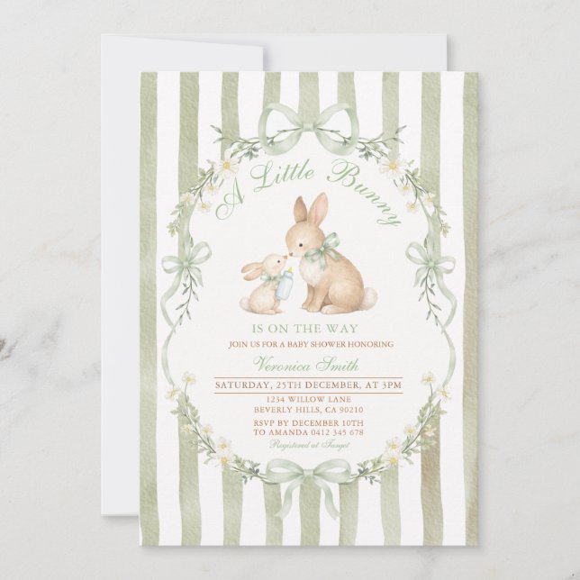 Sage Green Bunny Baby Shower Boy Girl Invitation Inbjudningar (Framsida)