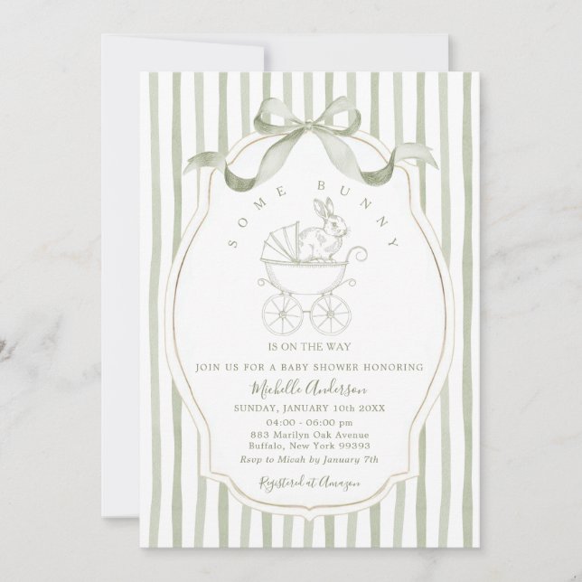 Sage Green Carriage Bunny Baby Shower Invitation Inbjudningar (Framsida)