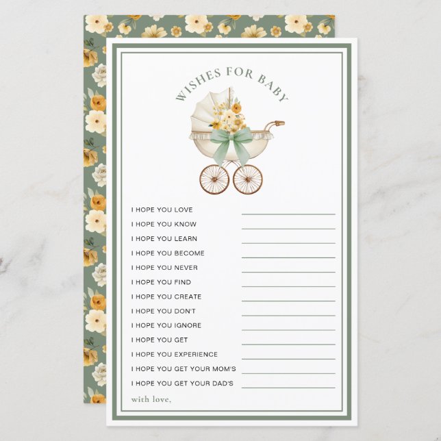 Sage Green Carriage Wishes for Baby Card (Fram/baksida)