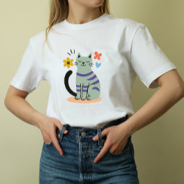 Sage Green Cat Boho Floral Mid Century Art T Shirt