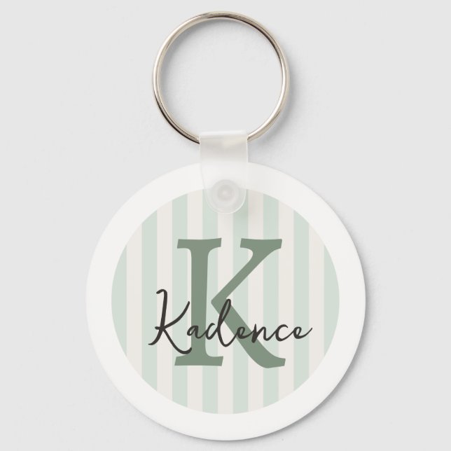 Sage Green Charcoal Custom Striped Circle Monogram Nyckelring (Framsida)