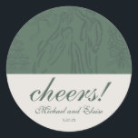 Sage Green Cheers Elegant Personalized Wedding Runt Klistermärke<br><div class="desc">Add a festive and stylish detail to your celebration with this Sage Green “Cheers!” Wedding Sticker, featuring elegant calligraphy and a soft, modern palette. Perfect for sealing envelopes, adorning favor bags, or personalizing drinkware and coozies, this versatile sticker brings a cohesive and charming touch to your wedding decor. The minimalist...</div>