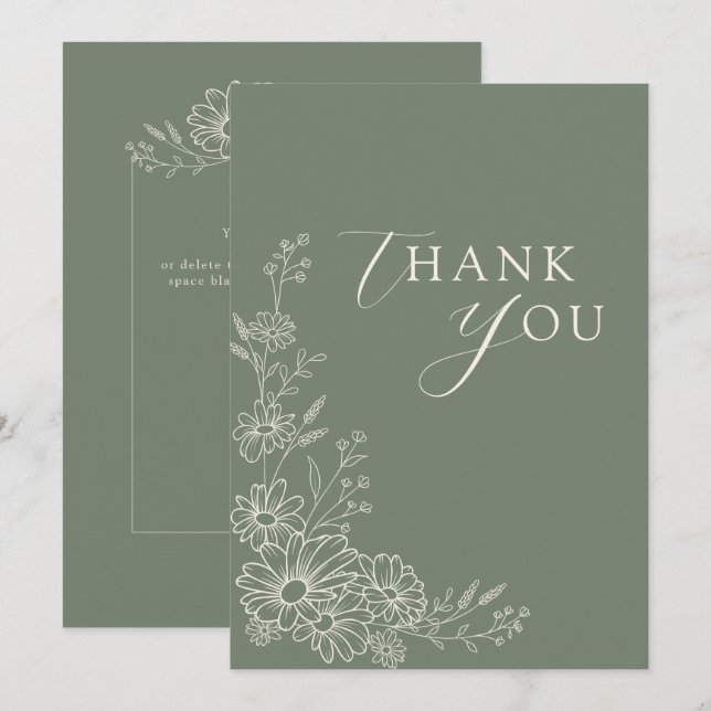 Sage Green Chic Botanical Daisy Garden Wedding Tack Kort (Fram/baksida)