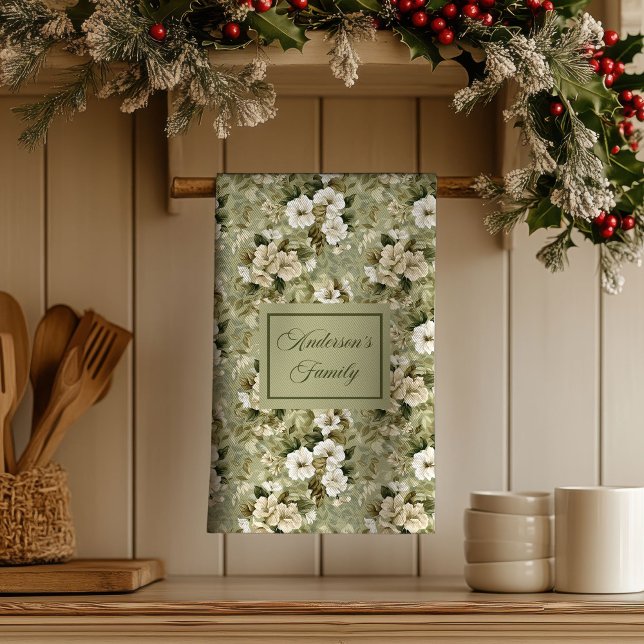 Sage Green Chic Dekor Personlig Blommig Handduk  Kökshandduk (Sage Green Chic Decor Personalized Floral Towel )