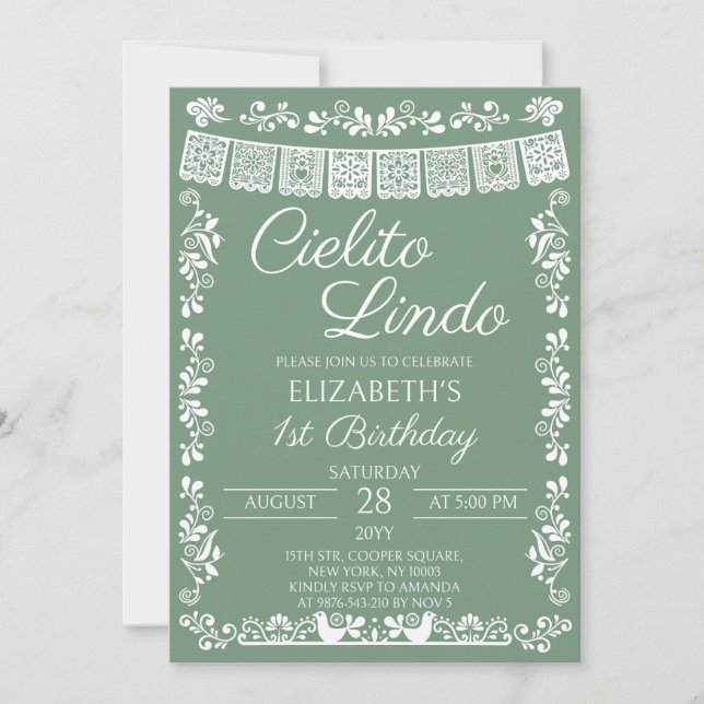 Sage Green Cielito Lindo 1-årsdag Inbjudningar (Framsida)