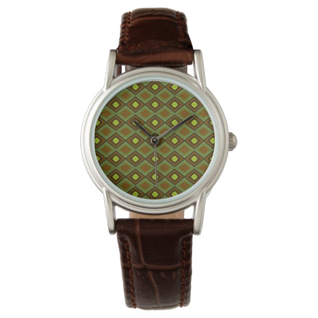 Sage Green Citrus Brown Checkered Pattern Armbandsur (Framsida)