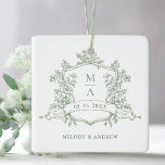 Sage Green Classic Floral Crest Wedding Photo Julgransprydnad Keramik<br><div class="desc">This wedding ceramic ornament features a classic sage green floral crest,  with a photo on the back.  Perfect for weddings,  birthdays,  graduations,  and other events. For more advanced customization of this design,  please click the BLUE DESIGN TOOL BUTTON above!</div>