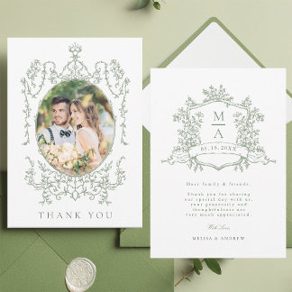 Sage Green Classic Floral Frame Wedding Photo Tack Kort