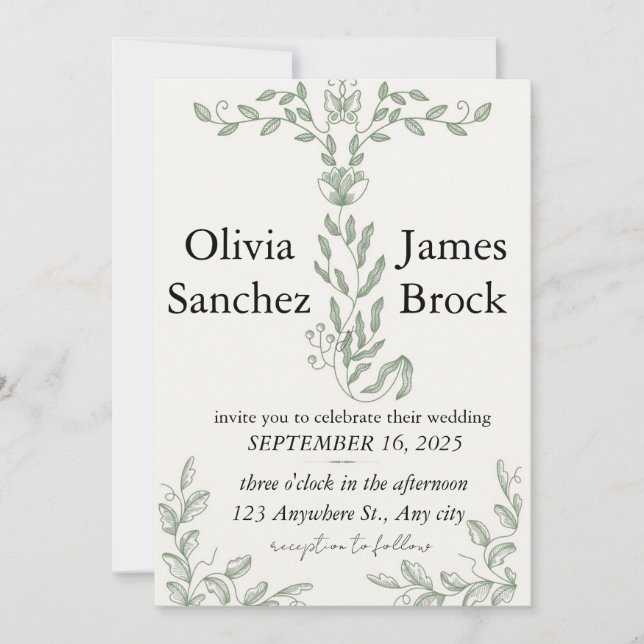 Sage Green Classic Floral Wedding Invitation Inbjudningar (Framsida)