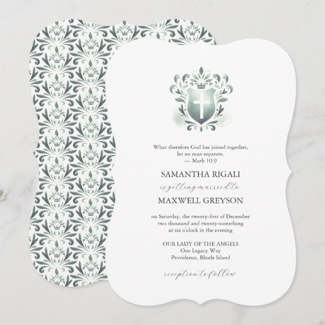 Sage Green Crest Bröllopsinbjudningar Kristna Inbjudningar (Fram/baksida)