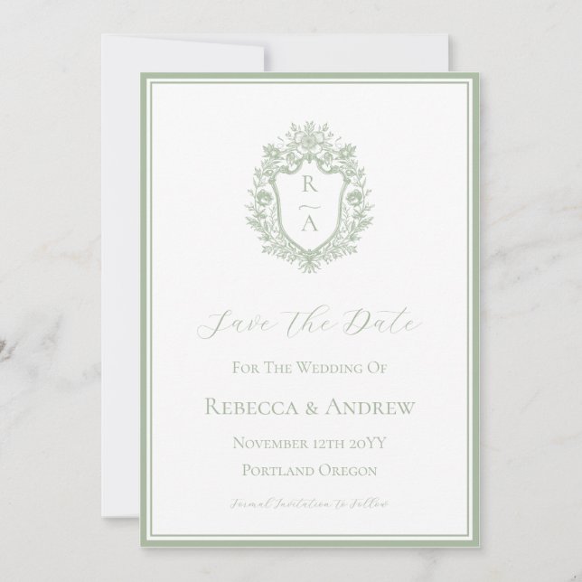 Sage Green Crest Monogram Bröllopslogo  Spara Datumet (Framsida)