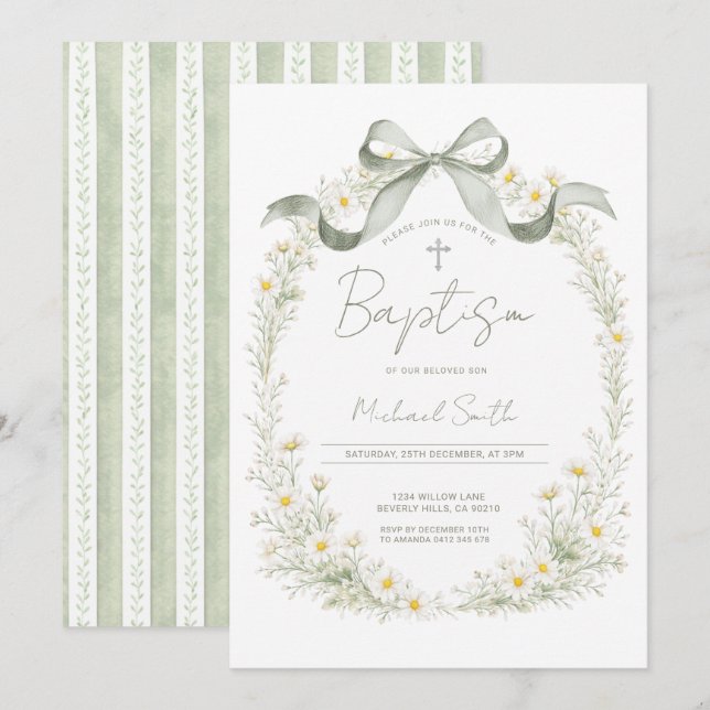 Sage Green Cross Daisy Baptism Invitation Inbjudningar (Fram/baksida)