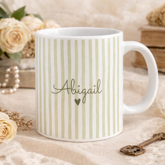 Sage Green Custom Name Striped Cup Gift For Her  Kaffemugg (Skapare uppladdad)
