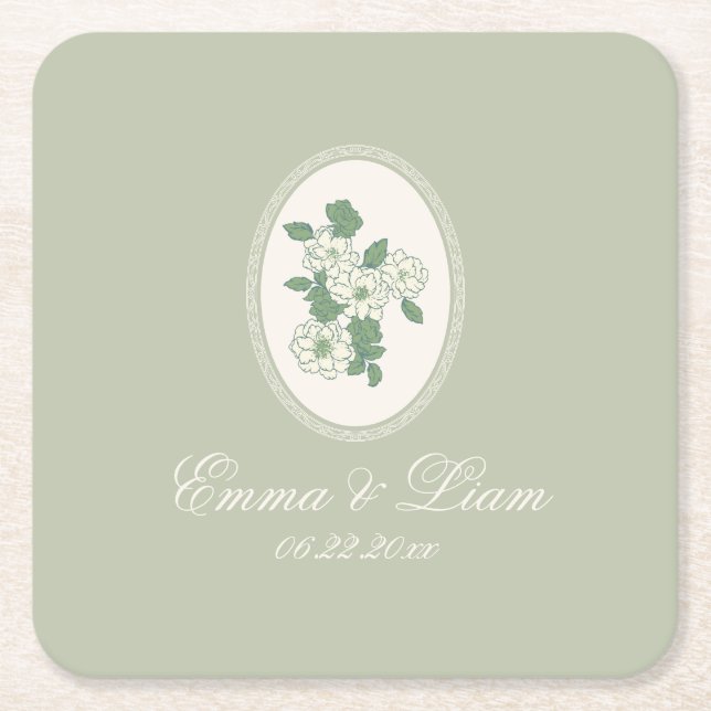Sage Green Custom Wedding Paper Coasters Underlägg Papper Kvadrat (Framsidan)